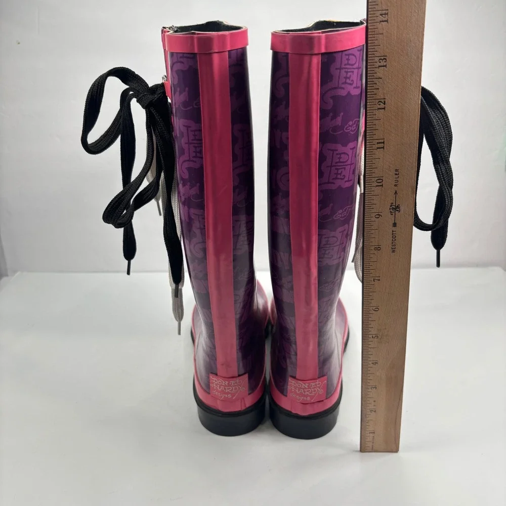 VTG Y2K Ed Hardy Women 6 Rain Boots Purple Pink Tattoo Print Love Kills slowly